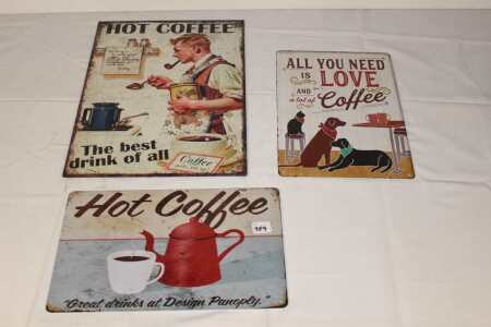 3 Repro Tin Coffee Signs, Largest is 10 X 15"