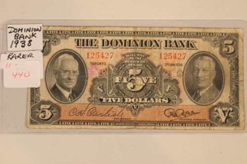 Rare 1938 Dominion Bank of Canada $5.00 Bill