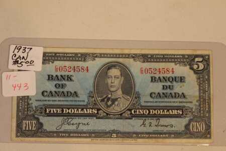 Rare 1937 Canada $5.00 Bill