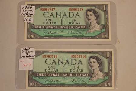 2 - 1954 Can. $1.00 Bills (2 in a Row - Sequence)