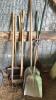 Lot of brooms, 2 aluminum shovels, 3 rakes and pitchfork
