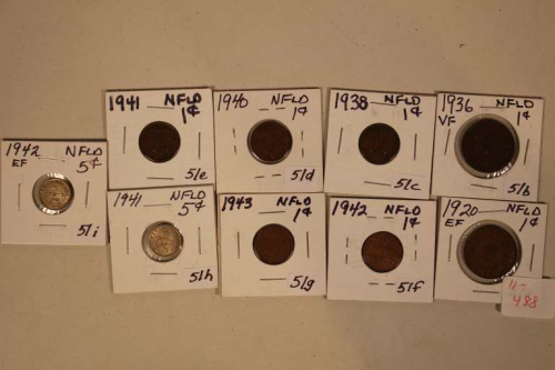 9 Newfoundland Pennies and 5 Cent Silvers