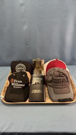 QUANTITY OF WHISKEY FLASKS & 4 BALL CAPS