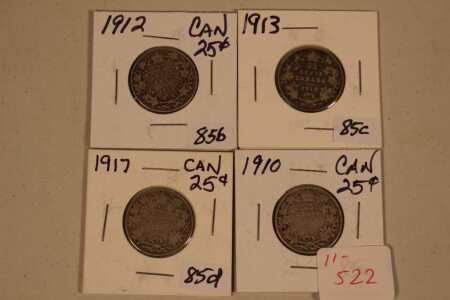 4 Canadian Quarters (1910, 122, 13, 17)