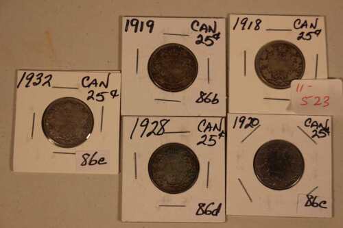 5 Canadian Quarters (1918, 19, 20, 28, 32)