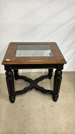 WOODEN END TABLE WITH BEVELLED GLASS INSERT