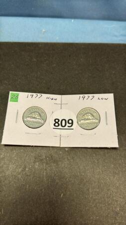 CANADIAN (2) 1977 HIGH & LOW "7" NICKELS