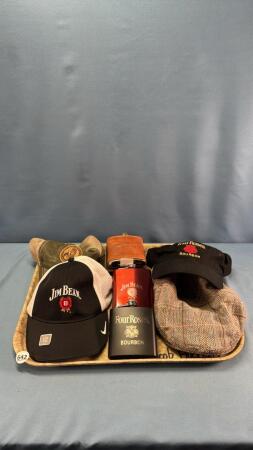 QUANTITY OF WHISKEY FLASKS & 4 BALL CAPS
