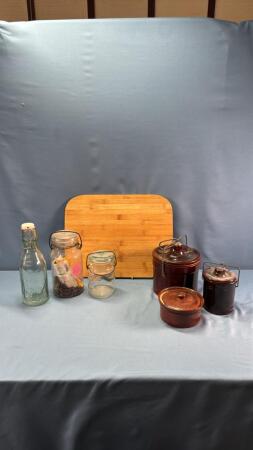 ASSORTED WIRE TOP JARS, BOTTLE AND CROCKERY PIECES