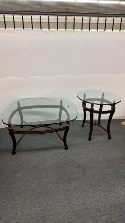 (2) GLASS TOP TABLES WITH ORNATE BASES