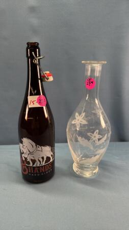 AMBER HARD CIDER BOTTLE & ETCHED GLASS DECANTER