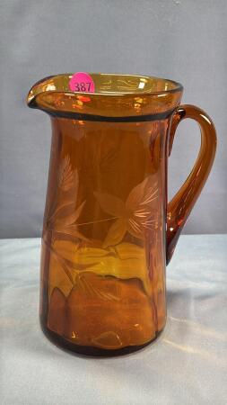 AMBER ETCHED GLASS 9IN PITCHER