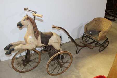 Vintage Pedal Horse and Wicker Child's Cart