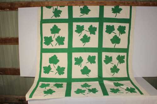 Quilt, Green Maple Leaves, Appliqued Hand Quilted