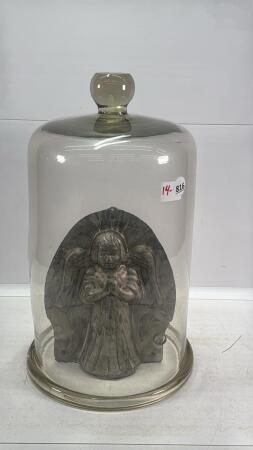 METAL ANGEL DECORATION WITH ANTIQUE GARDEN CLOCHE