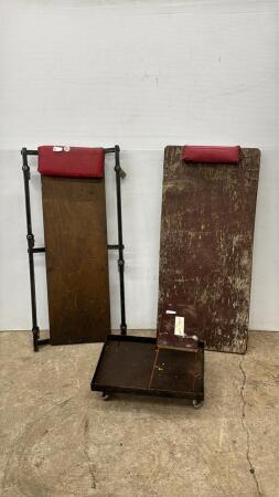 (2) MECHANIC CREEPERS AND ROLLING SHOP STOOL