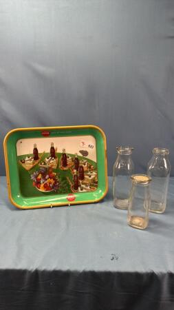 COCA COLA SERVING TRAY W/3 UNMARKED MILK BOTTLES