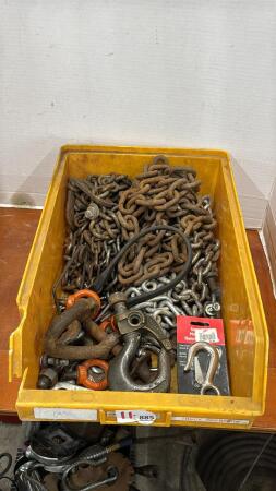 ASSORTMENT OF CHAIN, I-BOLTS, CLEVIS, HOOKS ETC