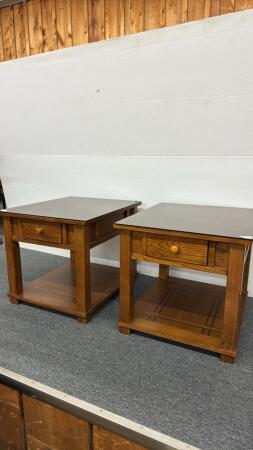 PAIR OF END TABLES WITH GLASS TOPS AND DRAWER
