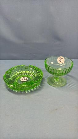 GREEN GLASS 5IN ASH TRAY & GREEN 3IN TALL SHERBERT