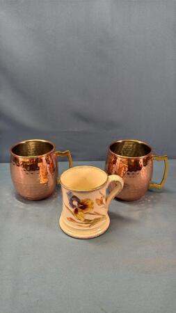 (2) COPPER CLAD MUGS AND A VINTAGE CHAMBER CUP