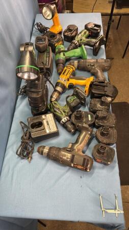 CRATE OF CORDLESS TOOLS, CHARGER AND BATTERIES