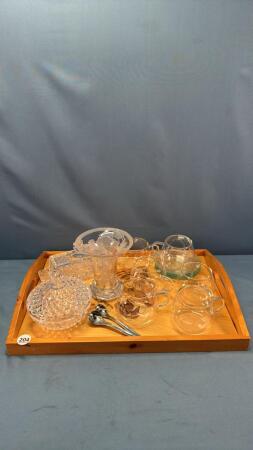 ASSORTED GLASSWARE ON WOODEN TRAY