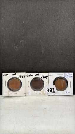 (3) CANADIAN ONE CENT COINS