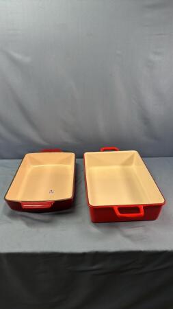 (2) CAST IRON ENAMELED PANS
