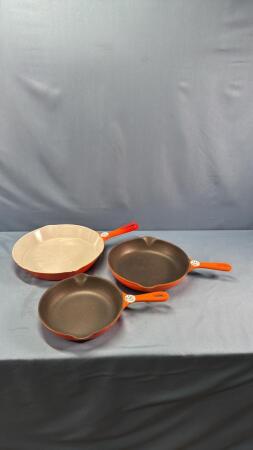(3) ENAMELED CAST IRON FRY PANS