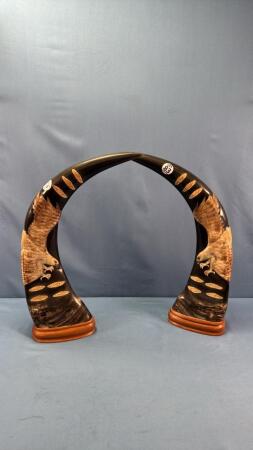 PAIR OF DECORATIVE CARVED WATER BUFFALO HORNS