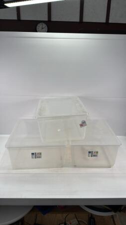 (3) CLEAR TOTES WITH LIDS