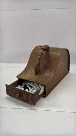 VINTAGE BALLOT BOX WITH APPROX. 62 MARBELS&4 CUBES