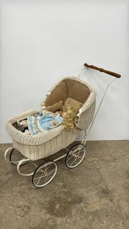 WICKER DOLL STROLLER WITH (2) DOLLS
