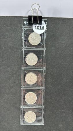 (5) CANADIAN TWENTY FIVE CENT COINS