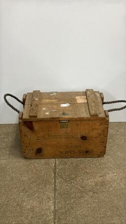 WOODEN MILITARY CRATE WITH ROPE HANDLES