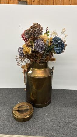 STEEL MILK CAN WITH BRASS FINISH & FLORAL BOQUET