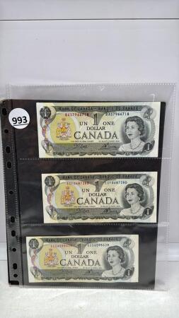 (3) 1973 CANADIAN ONE DOLLAR BILLS