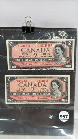 (2) 1954 CANADIAN TWO DOLLAR BILLS