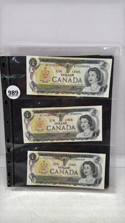 (3) 1973 CANADIAN ONE DOLLAR BILLS