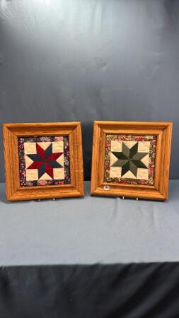 (2) SMALL QUILTED PIECES IN 13IN SQUARE OAK FRAMES