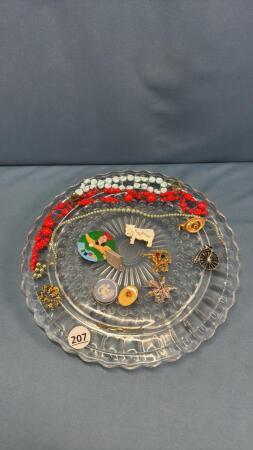 11IN GLASS PLATE WITH ASSORTED JEWELLERY