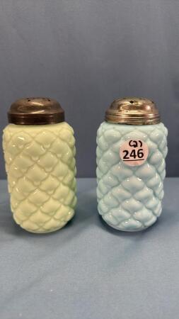 (2) MILK GLASS SUGAR SHAKERS IN LIGHT BLUE & GREEN