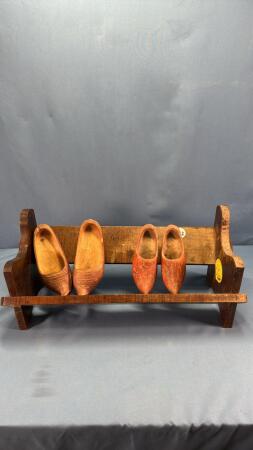 WOODEN RACK WITH (2) PAIRS OF DUTCH WOODEN SHOES