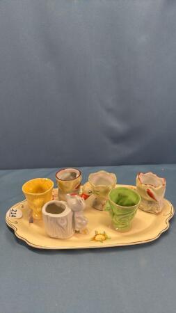 (5) DECORATIVE EGG CUPS & CAT TOOTH PICK HOLDER