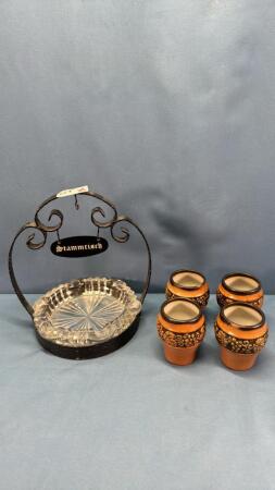 7IN GLASS PLATE IN METAL FRAME & (4)3IN HIGH VASES