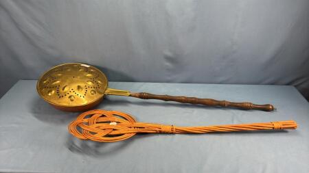 BRASS BED WARMER & RATTAN RUG BEATER