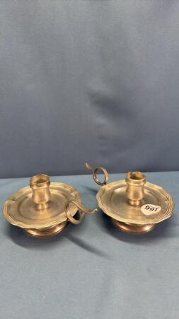 PAIR OF PEWTER FINGER STYLE CANDLE HOLDERS