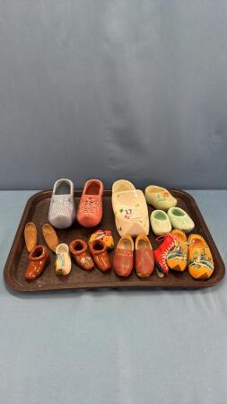 QUANTITY OF POTTERY & WOODEN SHOES