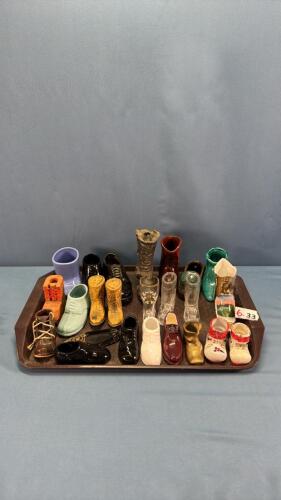 APPROX. 24 POTTERY GLASS & METAL SLIPPERS & BOOTS